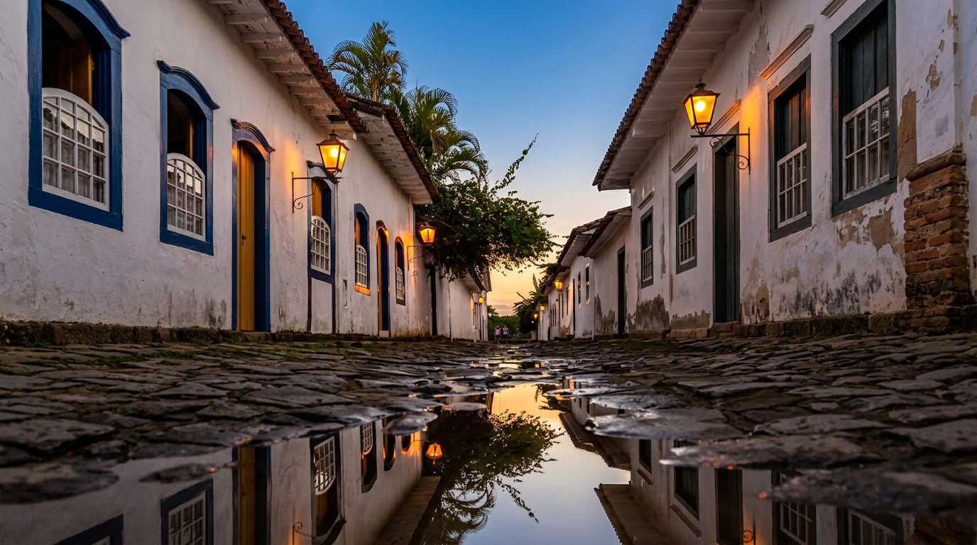 Rua de pedras do centro histórico de Paraty ao entardecer
